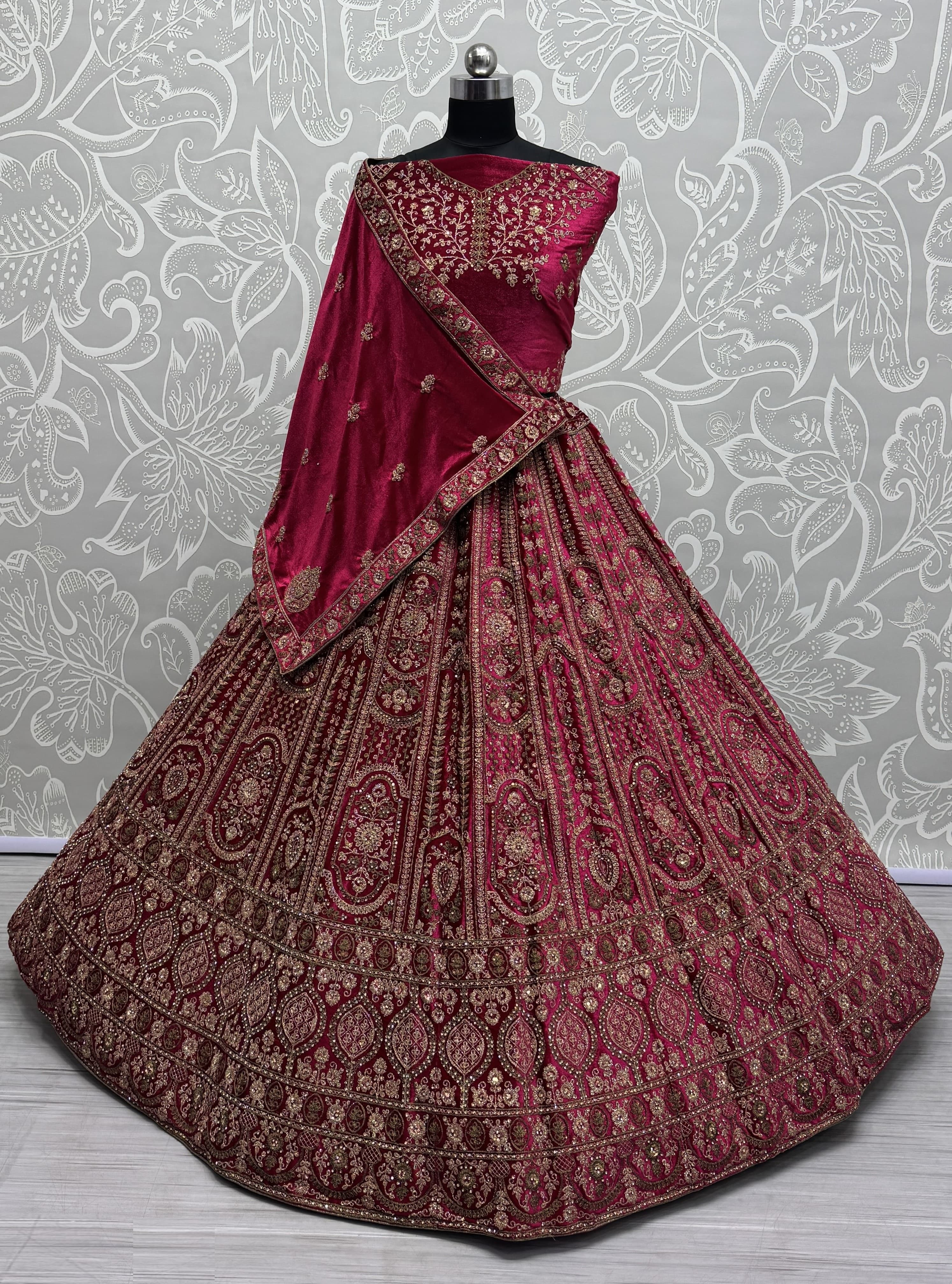 Double dupatta combine Velvet Red Lehenga choli in Dori work